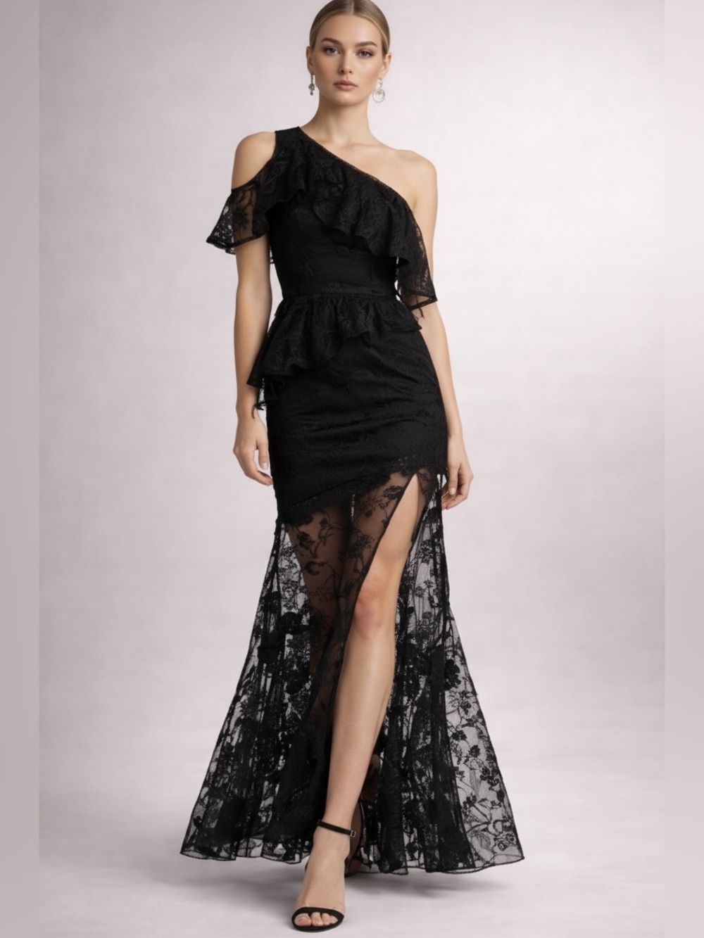 AMUR Chrissy Organic Silk Lace One-Shoulder Maxi Dress Gown in Black Sz 4